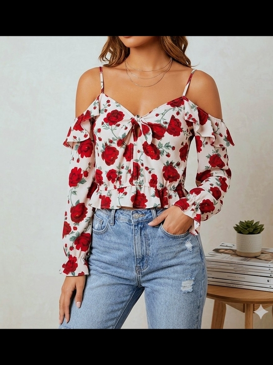 H&M Tops - H&M Divided White Off-Shoulder Ruffled Crop Top with Red Rose Print Size 8